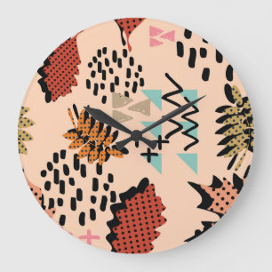 Memphis Herbst: Geometrisches Blätter-Muster Große Wanduhr