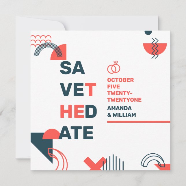 Memphis Style Abstrakt Blue & Red Wedding Save The Date (Vorderseite)