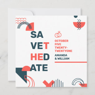 Memphis Style Abstrakt Blue & Red Wedding Save The Date