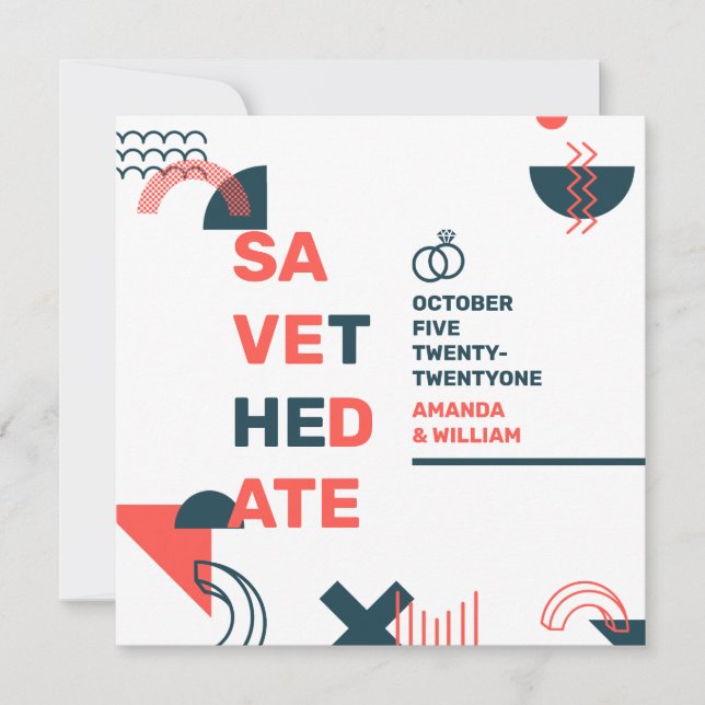 Memphis Style Abstrakt Red & Blue Wedding Save The Date (Vorderseite)
