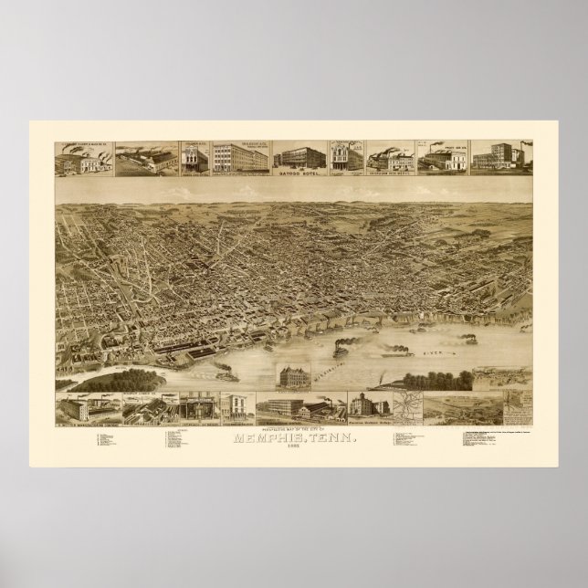 Memphis, TN Panorama Karte - 1887 Poster (Vorne)