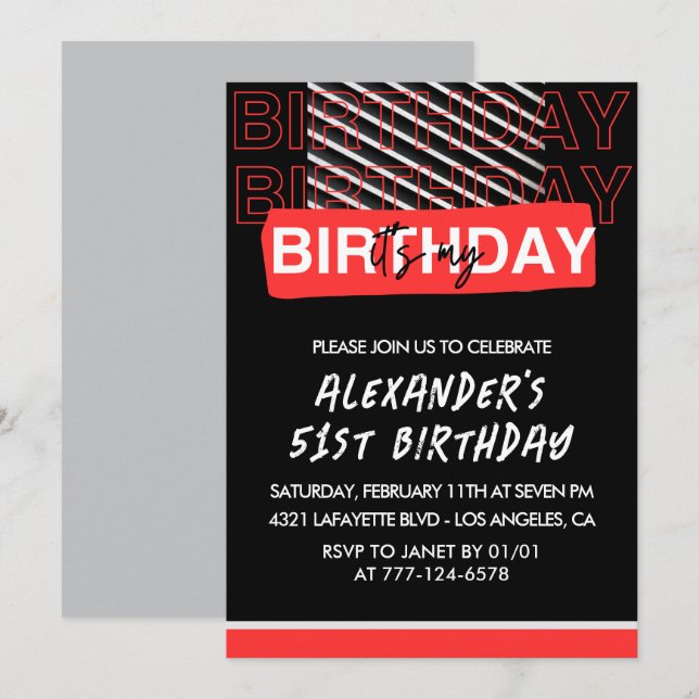 Men 51. Geburtstagsparty Einladungen Black Red (Vorne/Hinten)