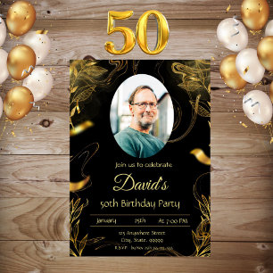Men Black Gold Leaf 50. Geburtstag Einladung