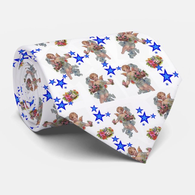 Men Designer Angel Blue Stars Krawatte (Gerollt)