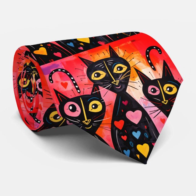 Men Designer Ties Cat Red Hearts Krawatte (Gerollt)