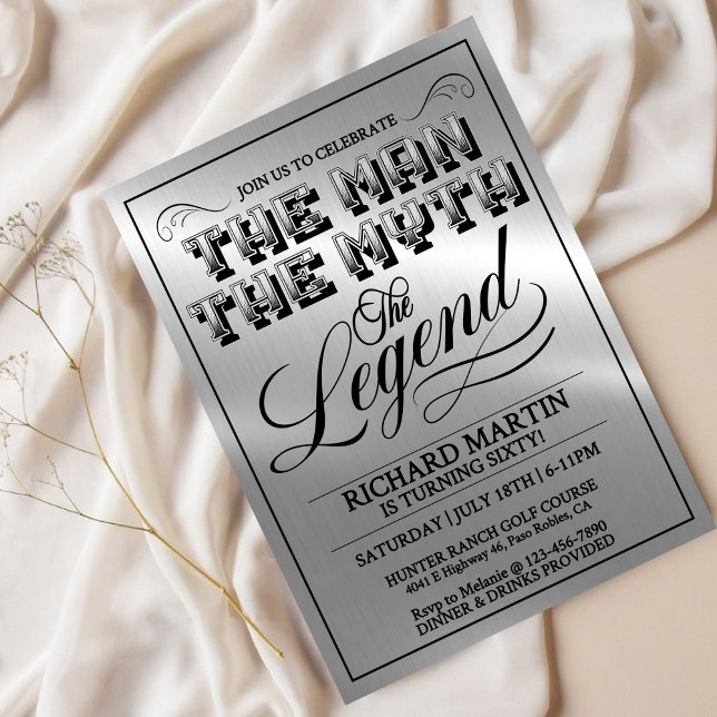 Men’s Milestone Birthday Party, Silver Metal Look, Einladung (Von Creator hochgeladen)