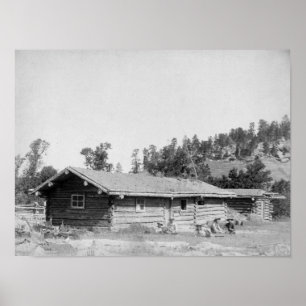 Men Sitting outside Log Cabin in South Dakota Poster
