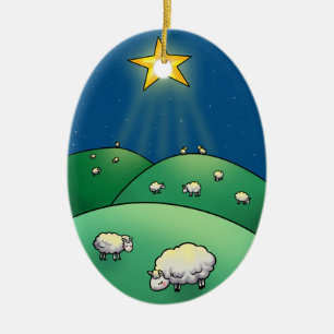 Menge der Schafe unter Weihnachtsstern Keramikornament