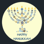 Menorah-Aufkleber Runder Aufkleber<br><div class="desc">Dutzende konzentrische Kreise bilden sich zusammen,  um eine beleuchtete Hanukkah menorah zu bilden. Fügen Sie Ihre Nachricht hinzu. Verwenden Sie als Umschlag Aufkleber,  auf Geschenken oder geben Sie als Gefallen. Sie können auch den Hintergrund ändern,  wenn Sie möchten. Verfügbar in passenden Produkten. com</div>