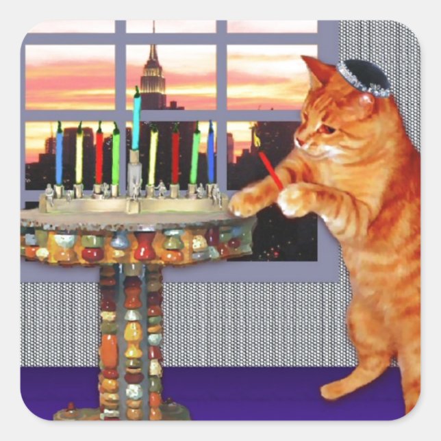 menorah cat.jpg quadratischer aufkleber (Vorderseite)