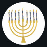 Menorah Hanukkah Blaue Kerzen Zeichnend Runder Aufkleber<br><div class="desc">Imitate Goldfolie menorah Kerzen für Ihre Hanukka Feier. Whimsical menorah Illustration mit weißen Sternen bedeckte Himmelskerzen auf einem Imitat Gold menorah Kerzenständer. Menorah Sterne Hanukkah illustrierte Design Geschenke und Papierprodukte.</div>