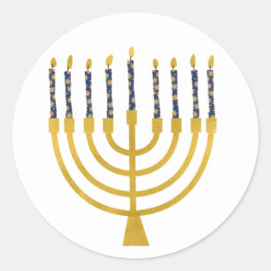 Menorah Hanukkah Blaue Kerzen Zeichnend Runder Aufkleber
