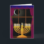 Menorah im Fenster Feiertagskarte<br><div class="desc">Menorah reflektiert im Fenster,  mit schwindendem Mond im Nachthimmel und Hanukkah Segen im Inneren</div>