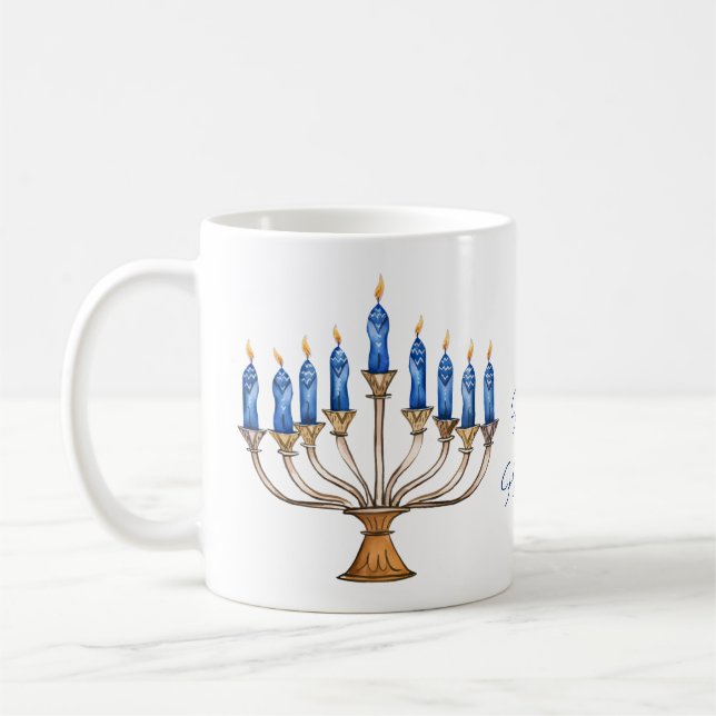 Menorah mit brennenden Kerzen Happy Hanukkah Kaffeetasse (Links)