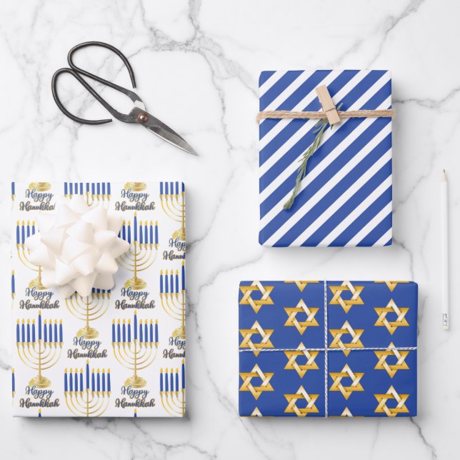 Menorah mit Lights Happy Hanukkah Wrapping Paper Geschenkpapier Set (Vorderseite)