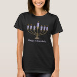 Menorah T - Shirt<br><div class="desc">"Happy Chanukah" mit einer Menorah mit blauen Kerzen.</div>