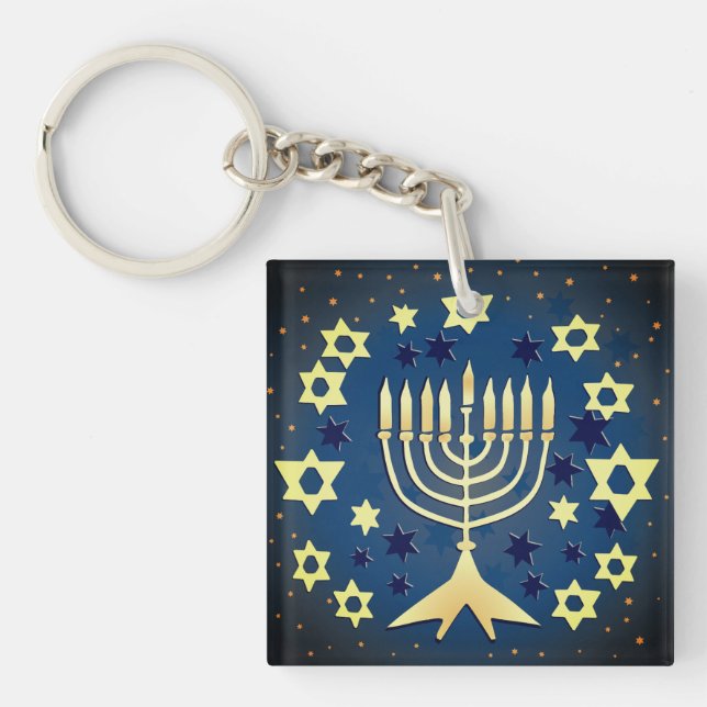 Menorah und Sterne Blau und Grün Schlüsselanhänger (Vorderseite)