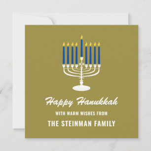 Menorah White Blue Gold Familienname Happy Hanukka Feiertagskarte