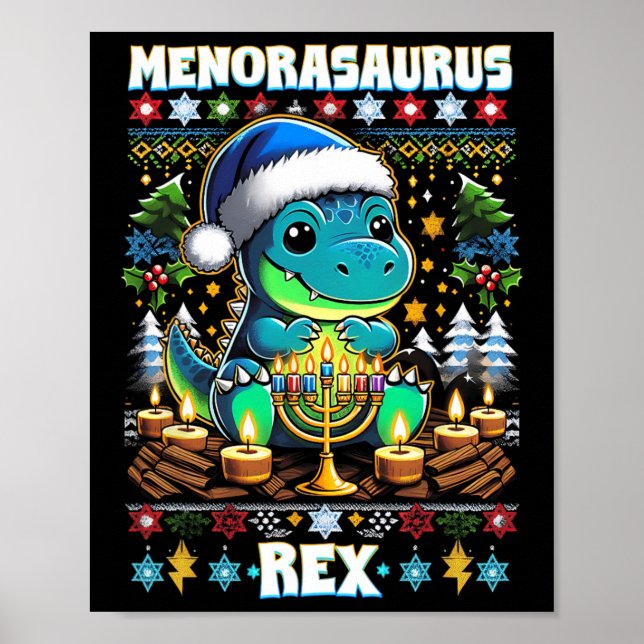 Menorasaurus Rex Dino Trex Ugly Christmas Sweater  Poster (Vorne)