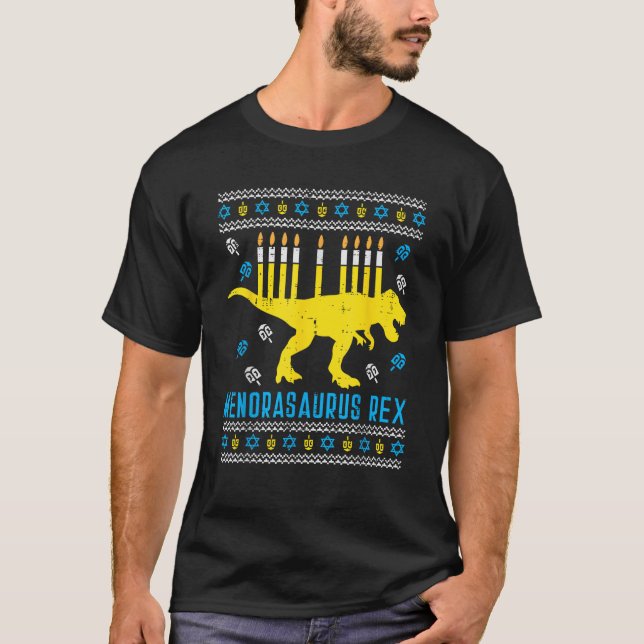 Menorasaurus Rex Trex Menora Hässlich Hanukkah Cha T-Shirt (Vorderseite)