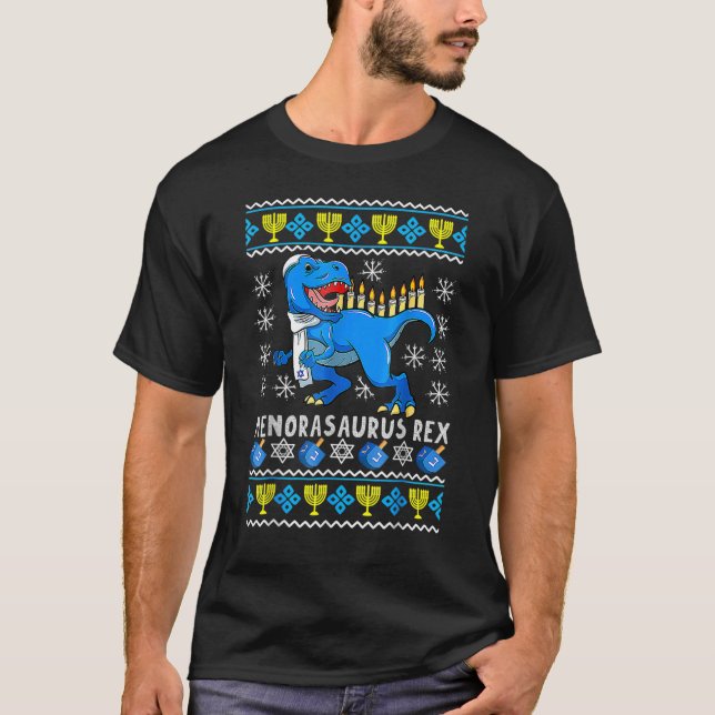 Menorasaurus Rex Trex Menorah Ugly Hanukkah Chanuk T-Shirt (Vorderseite)