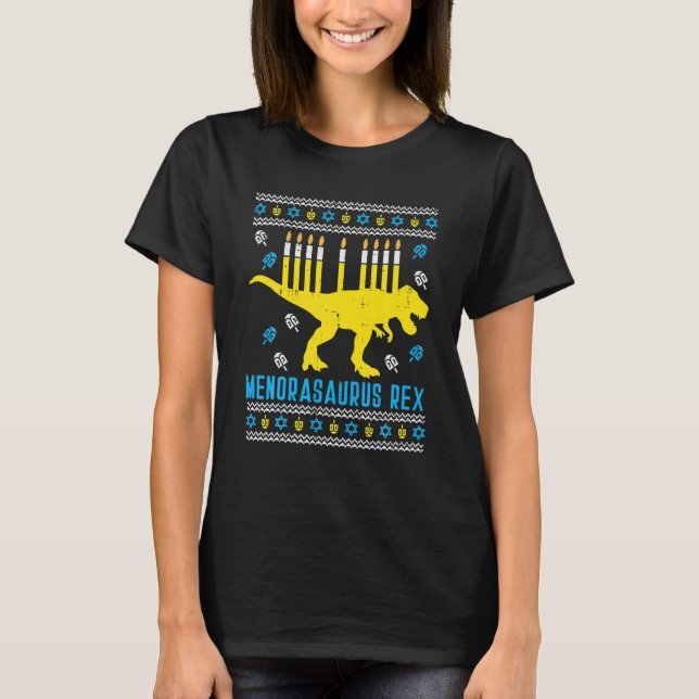 Menorasaurus Rex Trex Menorah Ugly Hanukkah T-Shirt (Vorderseite)