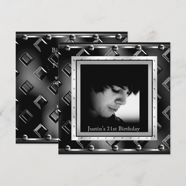 Mens 21. Geburtstag Party Black Metal Look Einladung (Vorne/Hinten)