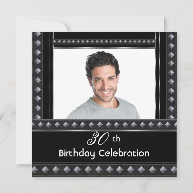 Mens 30. Geburtstag Party Schwarz-weiß Silber Einladung (Vorderseite)