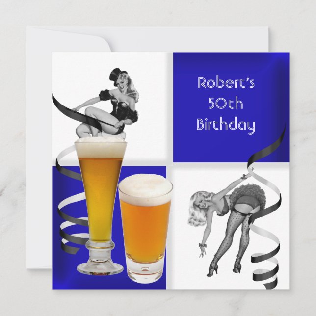 Mens 50. Geburtstag Blauer Karo Retro Girl Beer Einladung (Vorderseite)