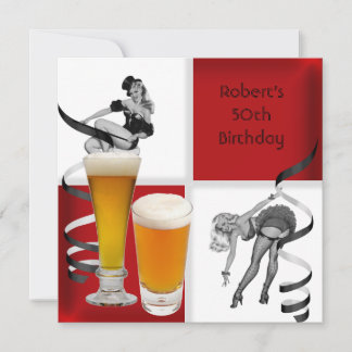 Mens 50. Geburtstag Roter Karo Retro Girl PINUP Bi Einladung