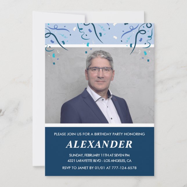 Mens 60. Geburtstag Einladungen Foto Navy Blue (Vorderseite)