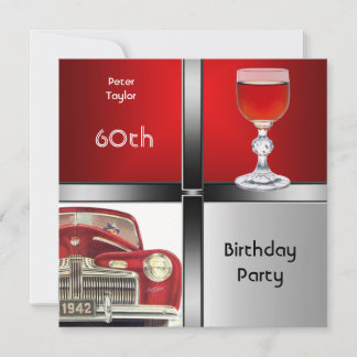 Mens 60. Geburtstagsparty Rotes Metall Silver Red  Einladung