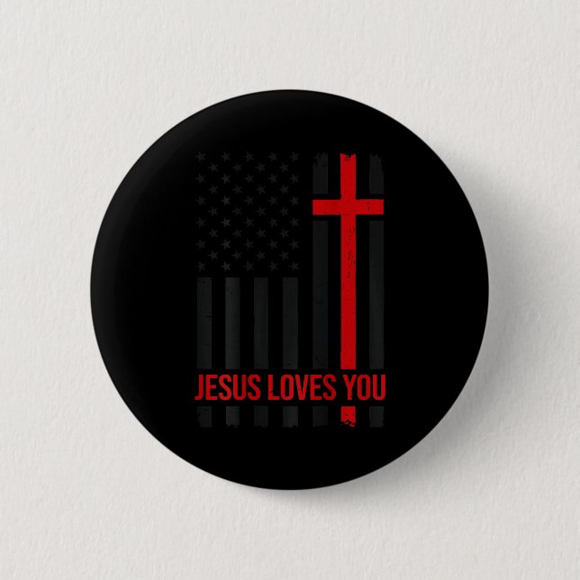 Mens American Flag Jesus Loves You Christian Faith Button (Vorderseite)