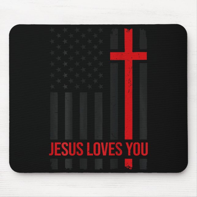 Mens American Flag Jesus Loves You Christian Faith Mousepad (Vorne)