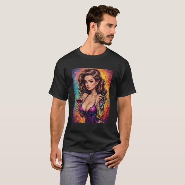 Mens Beautiful Graphic Image of Wine & Women T-Shirt (Vorne ganz)