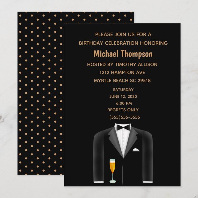 Mens Black Gold Tux Geburtstagsparty Einladung (Vorne/Hinten)