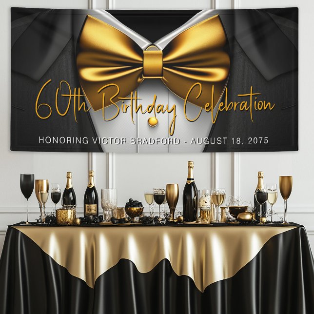 Mens Black Gold Tuxedo Geburtstagsparty Banner (Mens black and gold party, event banner with black tuxedo and gold bow tie. Simply add your details.)