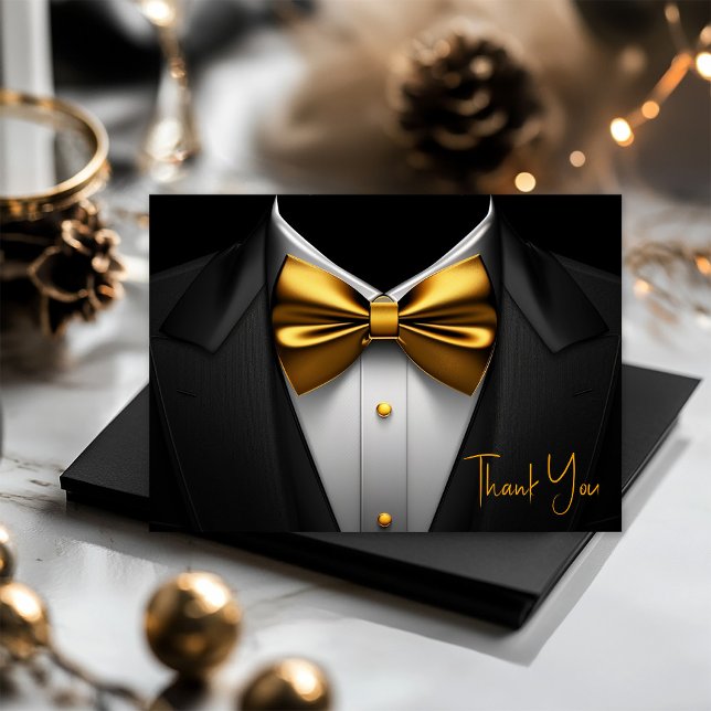 Mens Black Gold Tuxedo Geburtstagsparty Dankeskarte (Black and gold tuxedo thank you cards for birthdays, corporate events, bachelor party, etc. )