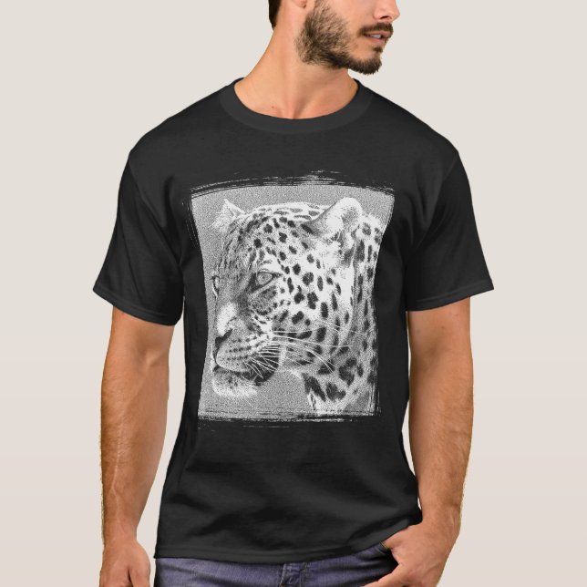 Mens Black T Shirt Leopard Head Modernes Elegantes (Vorderseite)