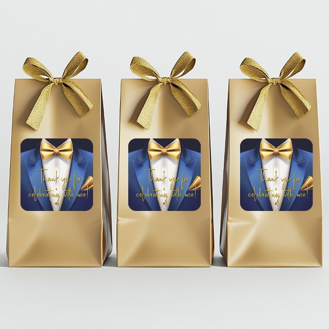 Mens Blue Gold Geburtstagsparty Quadratischer Aufkleber (Blue gold tuxedo favor bag  stickers. Add your text, logo, photo, etc., to personalize. 2 Sizes.)
