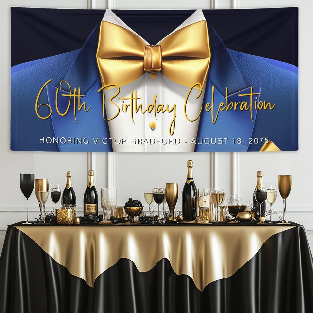 Mens Blue Gold Tuxedo Geburtstagsparty Banner (Mens blue and gold birthday party and event banner. Simply add your event details as needed.)