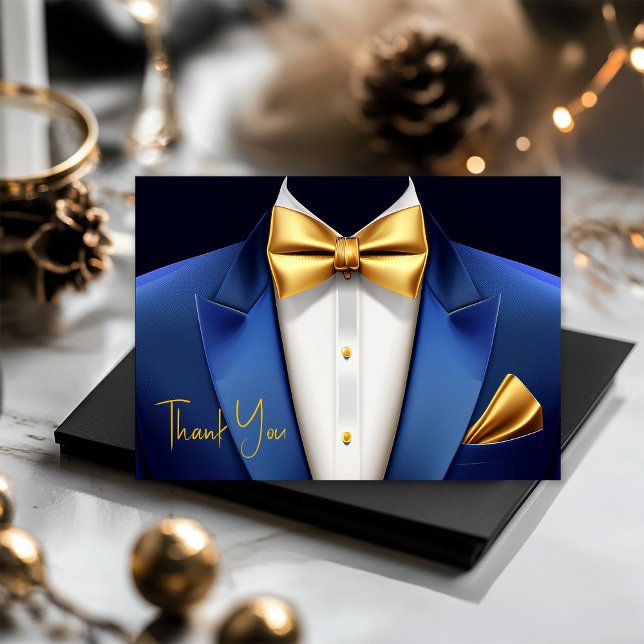Mens Blue Gold Tuxedo Geburtstagsparty Dankeskarte (Mens blue and gold tuxedo thank you cards. Add your text for printed message, or leave blank.)