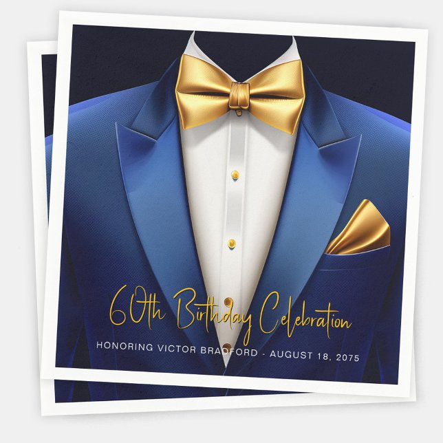Mens Blue Gold Tuxedo Geburtstagsparty Serviette (Mens blue and gold birthday party napkins with tuxedo design. Add your text, logo, photo, etc.)