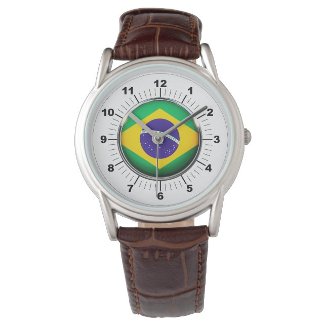 Men's Brasilien Flag Classic Brown Leather Watch Armbanduhr (Vorderseite)