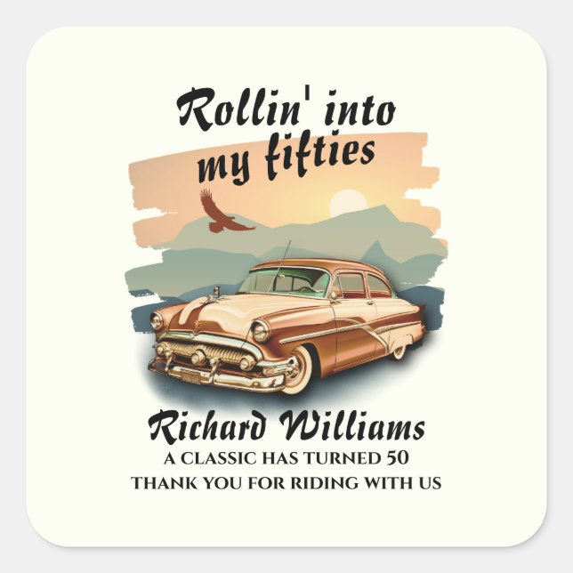 Men's classic car desert sunset 50th Birthday Quadratischer Aufkleber (Vorderseite)
