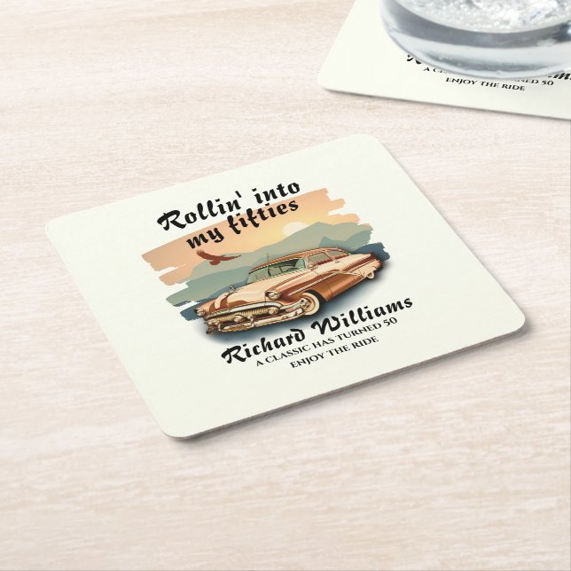 Men's classic car desert sunset 50th Birthday Rechteckiger Pappuntersetzer (angewinkelt)