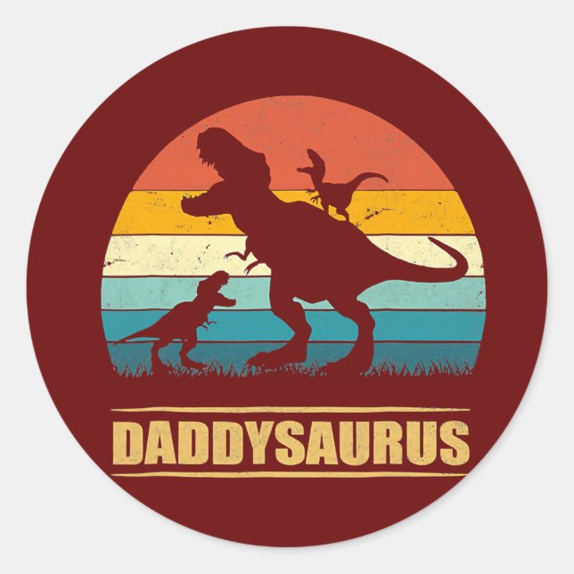 Mens Daddy Dinosaur Daddysaurus 2 Kids Father's Runder Aufkleber (Vorderseite)