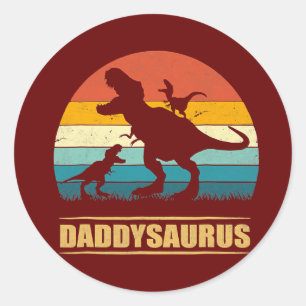 Mens Daddy Dinosaur Daddysaurus 2 Kids Father's Runder Aufkleber