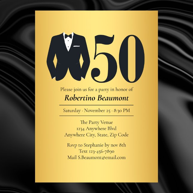 Men's Elegant Tuxedo Gold Black 50th Birthday Einladung (Von Creator hochgeladen)