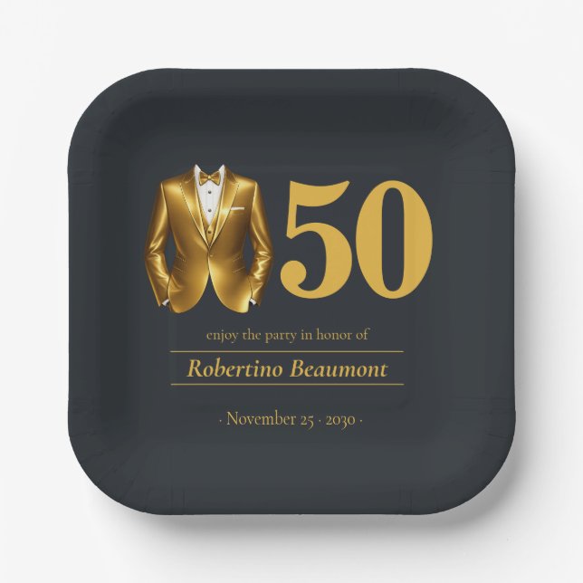 Men's Elegant Tuxedo Gold Black 50th Birthday Pappteller (Vorderseite)